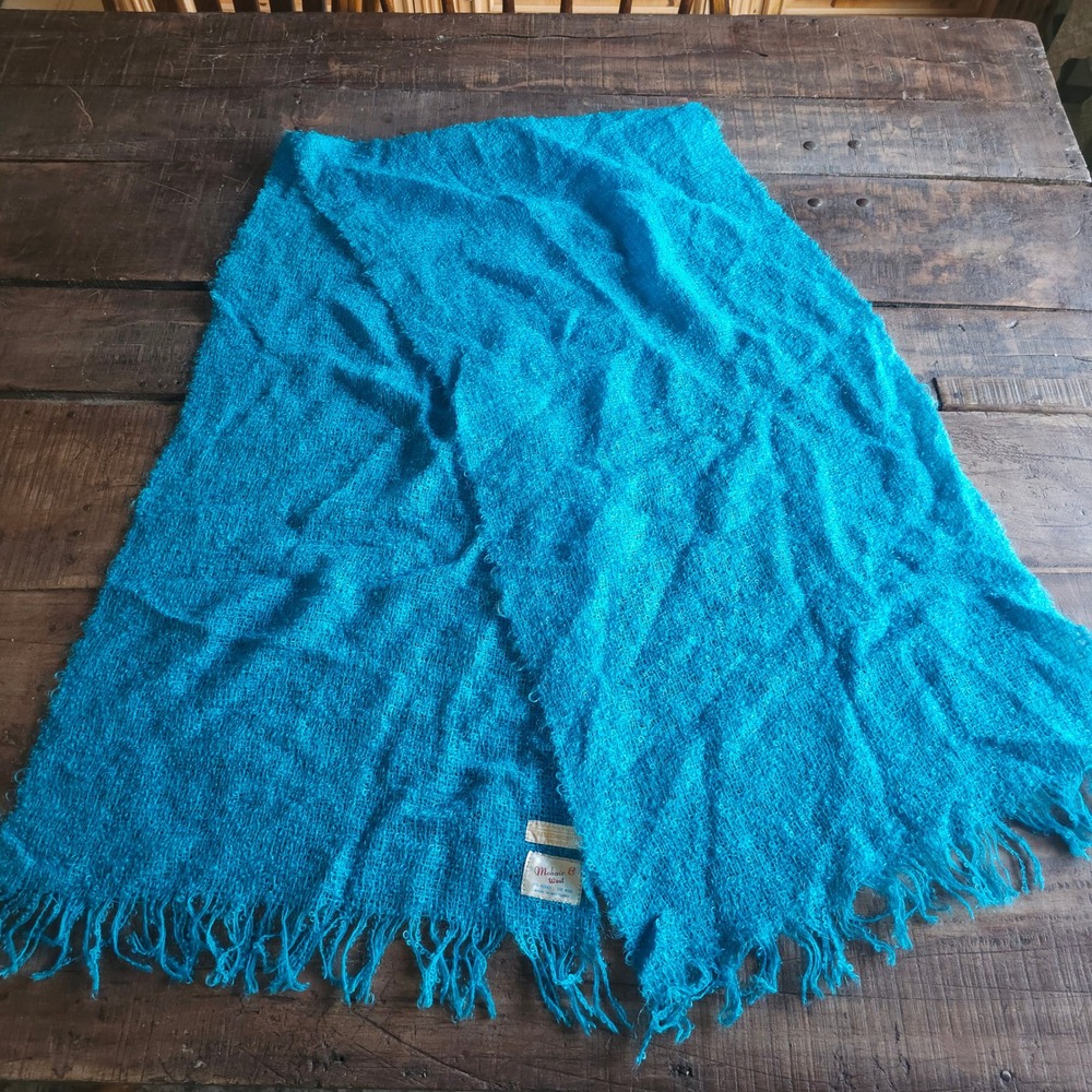 Vintage Hudsons Mohair Wool Scarf Made in Scotland Turquoise Blue Fringe Wrap